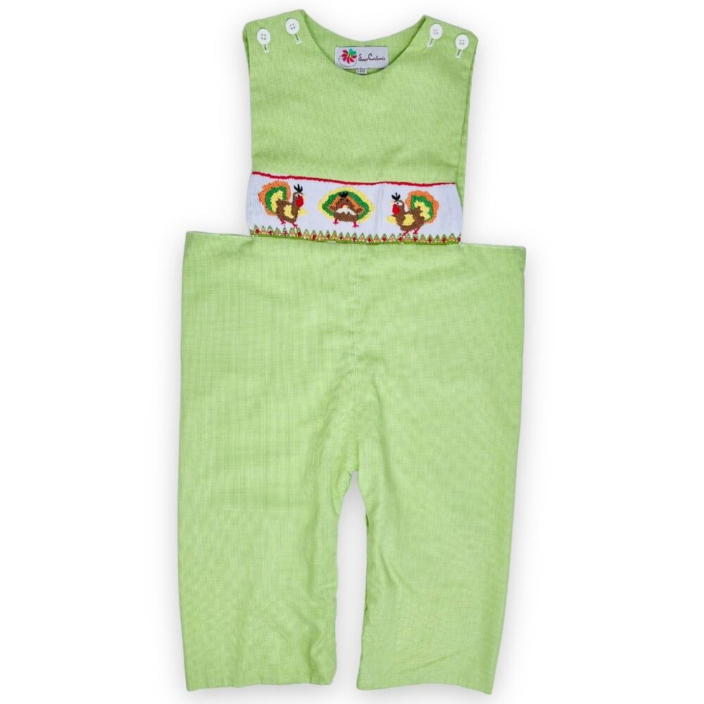 Boys Green Thanksgiving Holiday Turkey Smocked Longalls Romper Outfit 18 / 24m